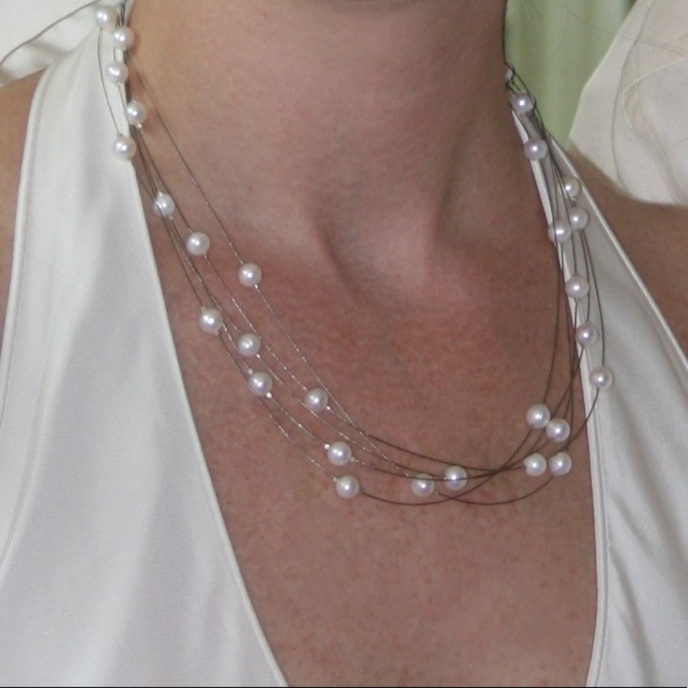 Illusion Necklace & Bracelet Set with floating cultured pearls, sterling silver